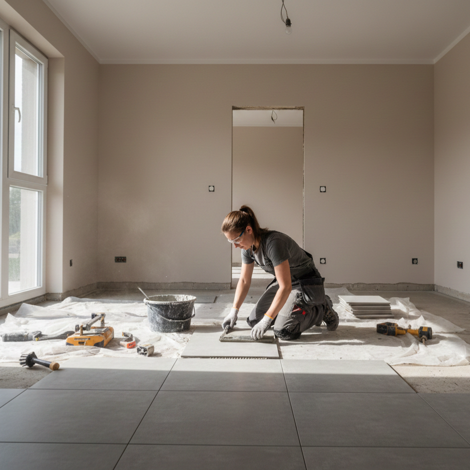 Professional tile installer carefully laying large floor tiles with precision tools